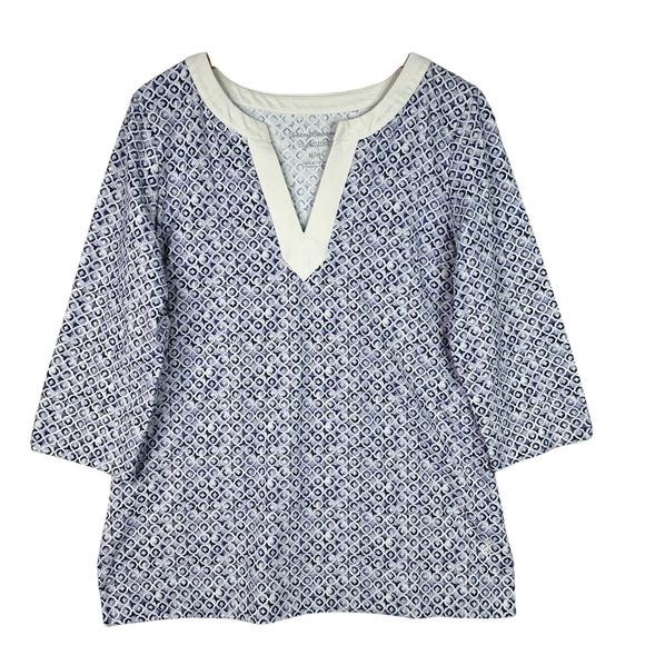 Tommy Bahama IslandZone Womens Tunic Top Blue White Geometric Split Neck M‎ - Picture 2 of 12